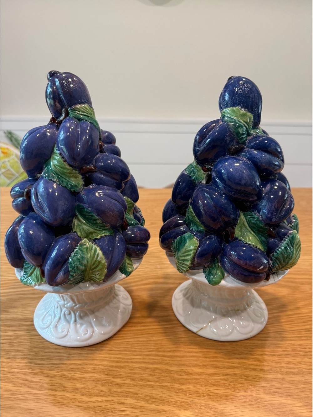 Vintage Italian Majolica Pottery- Pair of Ceramic Plum Tree Figurines